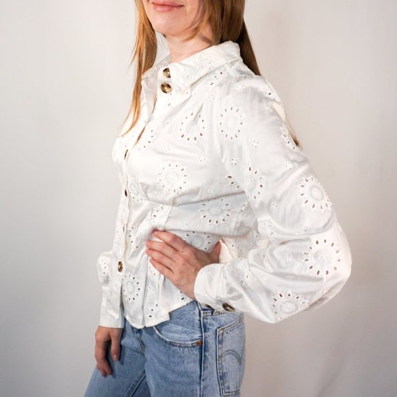 FREE PEOPLE Boho White Eyelet Button Shirt NWOT - Picture 5 of 7